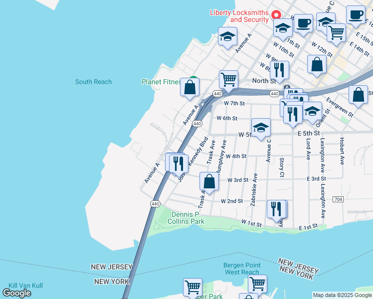 map of restaurants, bars, coffee shops, grocery stores, and more near 41 Juliette Street in Bayonne