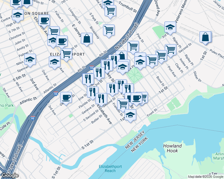 map of restaurants, bars, coffee shops, grocery stores, and more near 223 Franklin Street in Elizabeth