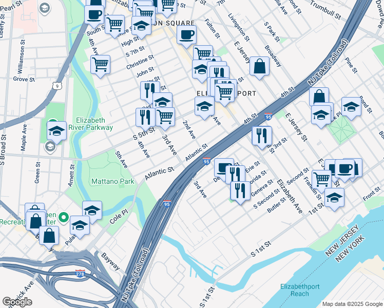 map of restaurants, bars, coffee shops, grocery stores, and more near 226 Atlantic Street in Elizabeth