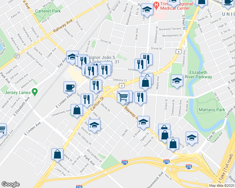 map of restaurants, bars, coffee shops, grocery stores, and more near 829-833 Bayway Avenue in Elizabeth