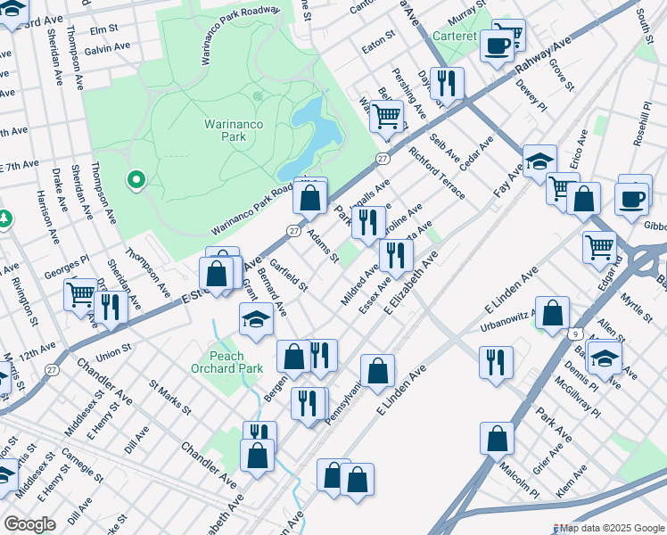 map of restaurants, bars, coffee shops, grocery stores, and more near 1831 A Caroline Avenue in Linden