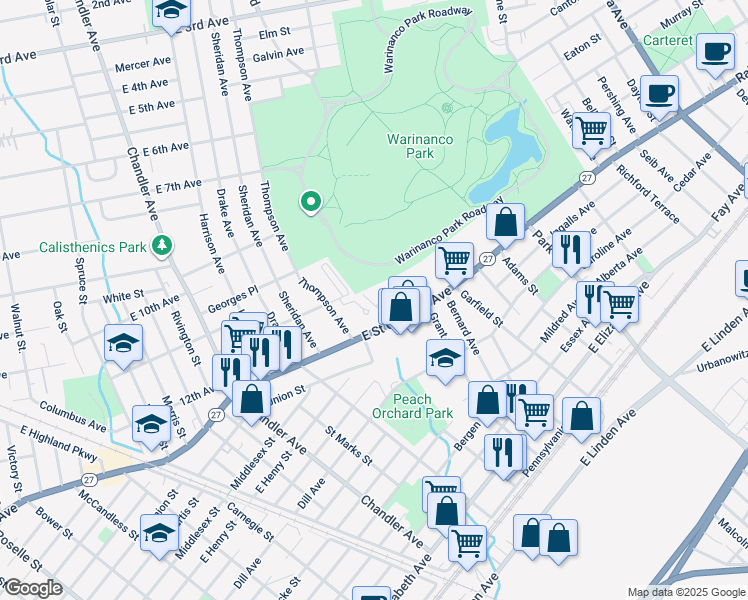 map of restaurants, bars, coffee shops, grocery stores, and more near 5A Carolyn Terrace in Roselle
