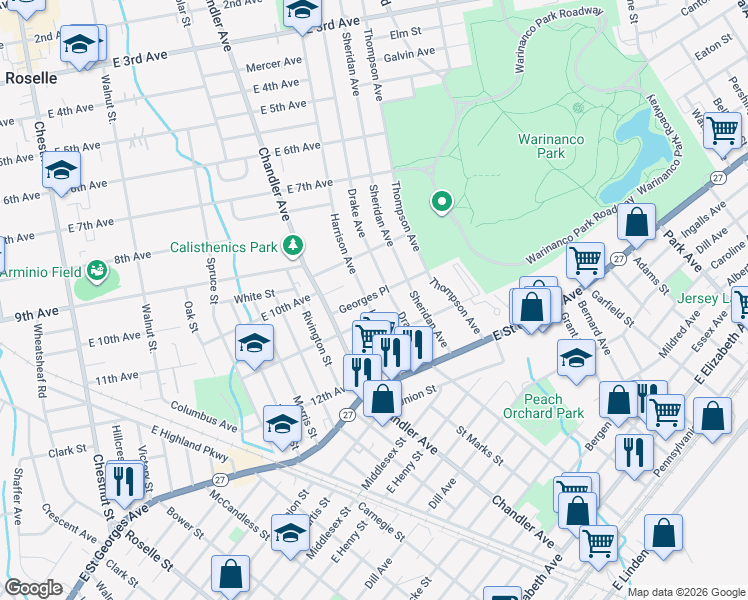 map of restaurants, bars, coffee shops, grocery stores, and more near 1032 Harrison Avenue in Roselle