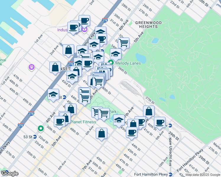map of restaurants, bars, coffee shops, grocery stores, and more near 566 39th Street in Brooklyn