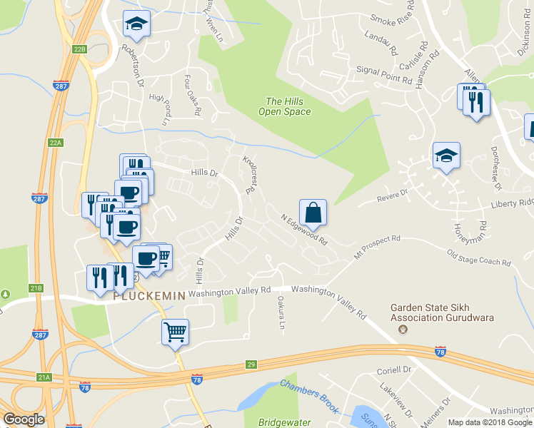 map of restaurants, bars, coffee shops, grocery stores, and more near 40 Edgewood Road in Bedminster Township