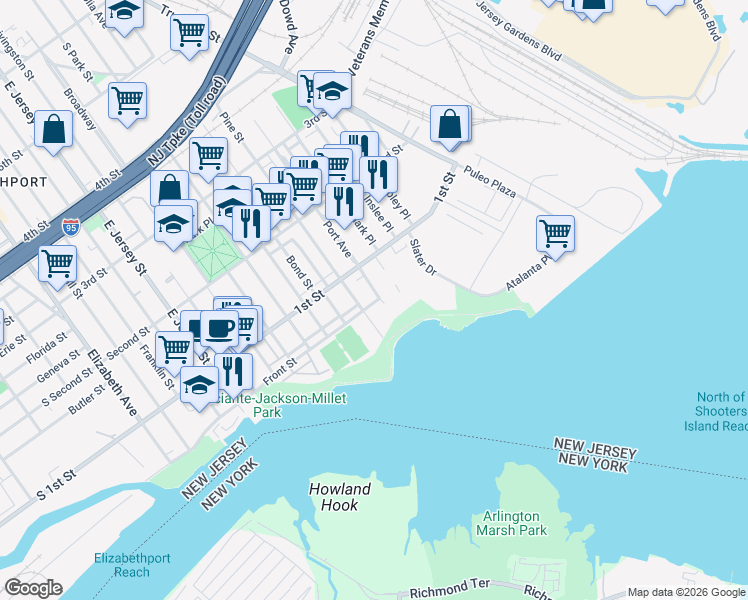 map of restaurants, bars, coffee shops, grocery stores, and more near 55 Pine Street in Elizabeth