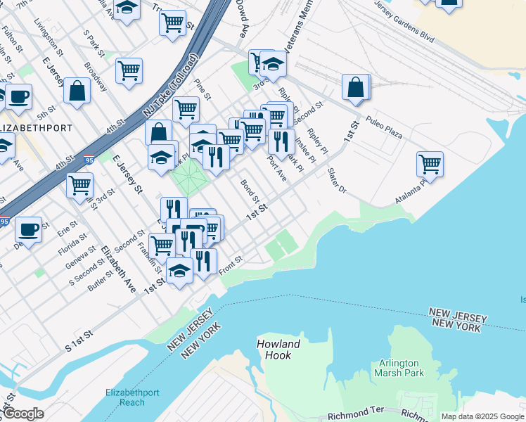 map of restaurants, bars, coffee shops, grocery stores, and more near 205 1st Street in Elizabeth
