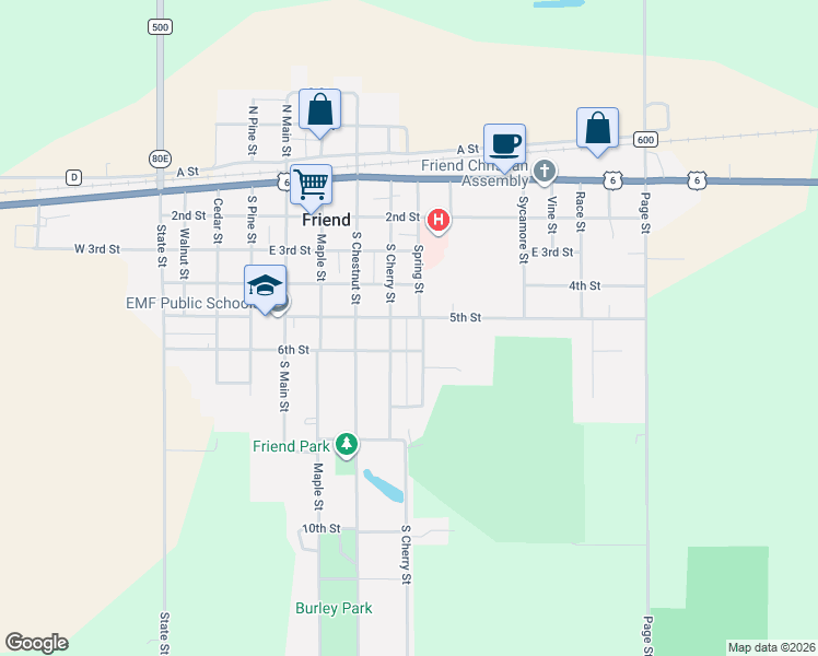 map of restaurants, bars, coffee shops, grocery stores, and more near 821 5th Street in Friend
