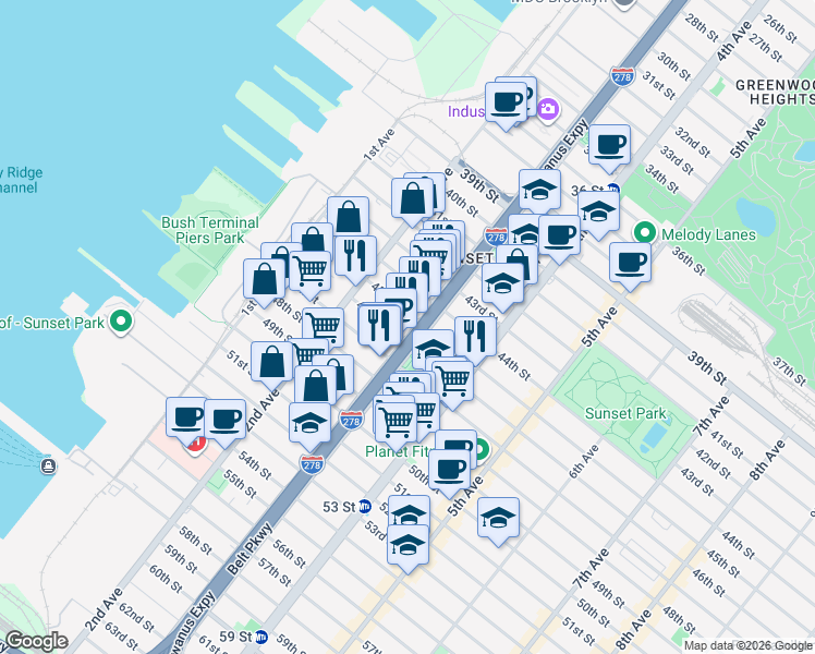 map of restaurants, bars, coffee shops, grocery stores, and more near in Brooklyn