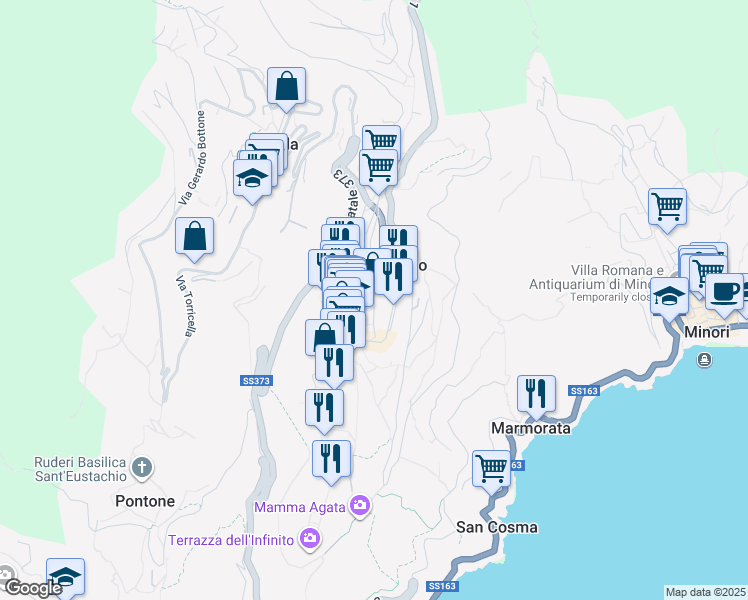 map of restaurants, bars, coffee shops, grocery stores, and more near Via San Giovanni del Toro in Ravello