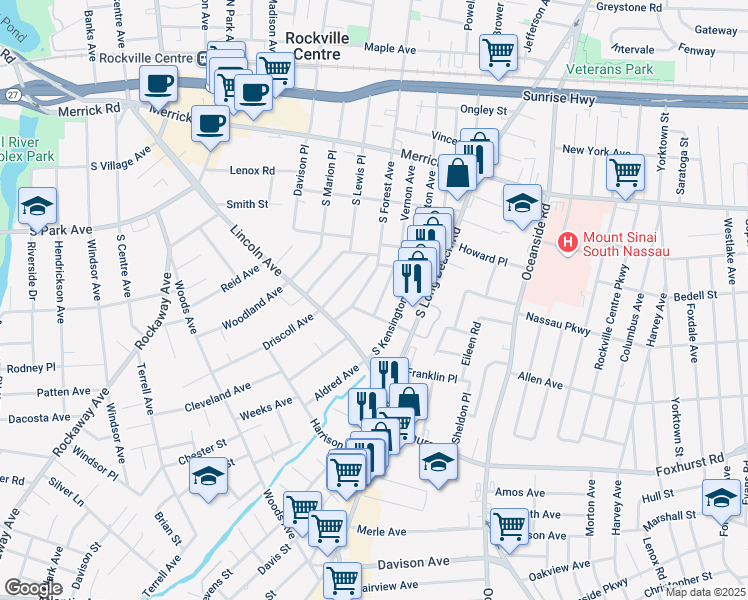 map of restaurants, bars, coffee shops, grocery stores, and more near 8 Hawthorne Avenue in Rockville Centre