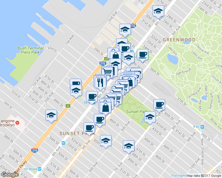map of restaurants, bars, coffee shops, grocery stores, and more near 440 42nd Street in Brooklyn