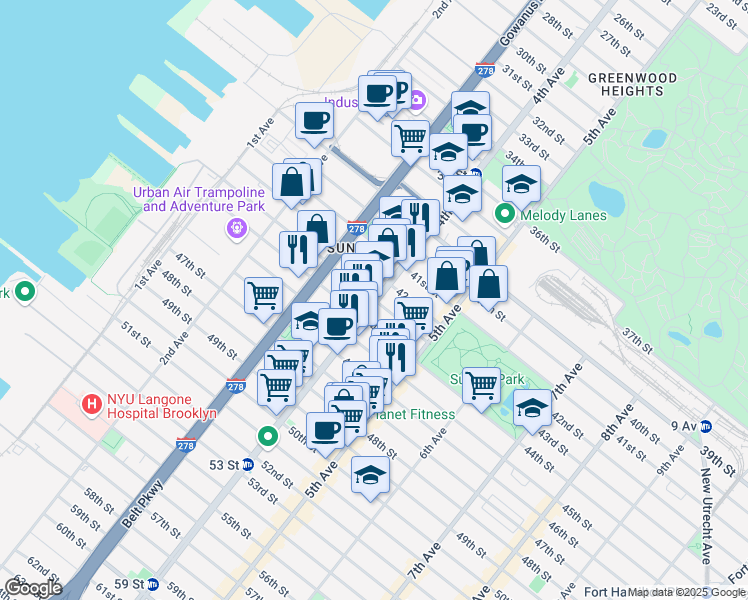 map of restaurants, bars, coffee shops, grocery stores, and more near 4th Avenue & 43rd Street in Brooklyn