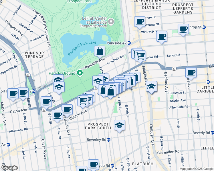 map of restaurants, bars, coffee shops, grocery stores, and more near 21 East 16th Street in Brooklyn