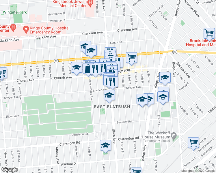 map of restaurants, bars, coffee shops, grocery stores, and more near 940 Utica Avenue in Brooklyn