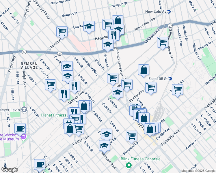 map of restaurants, bars, coffee shops, grocery stores, and more near 742 Rockaway Parkway in Brooklyn