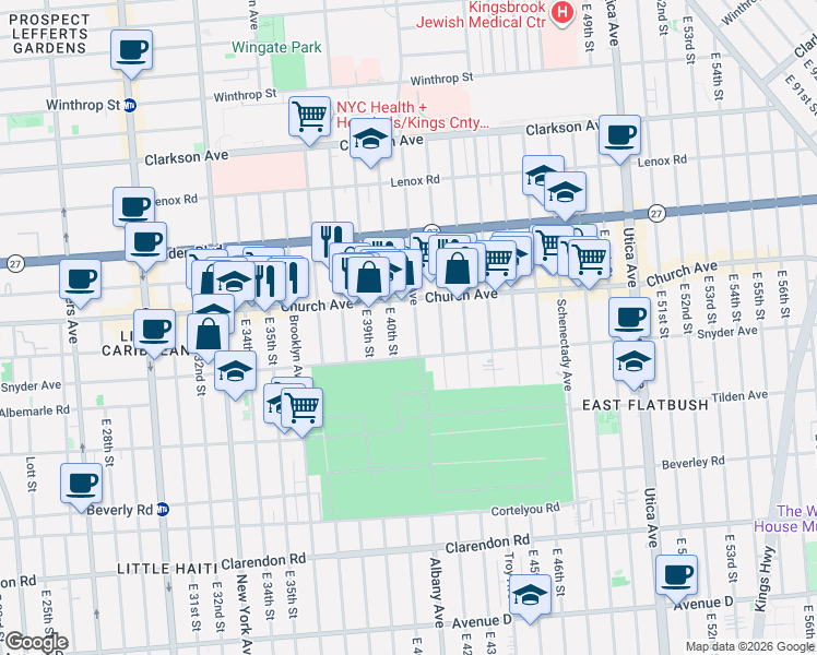 map of restaurants, bars, coffee shops, grocery stores, and more near 289 East 40th Street in Brooklyn
