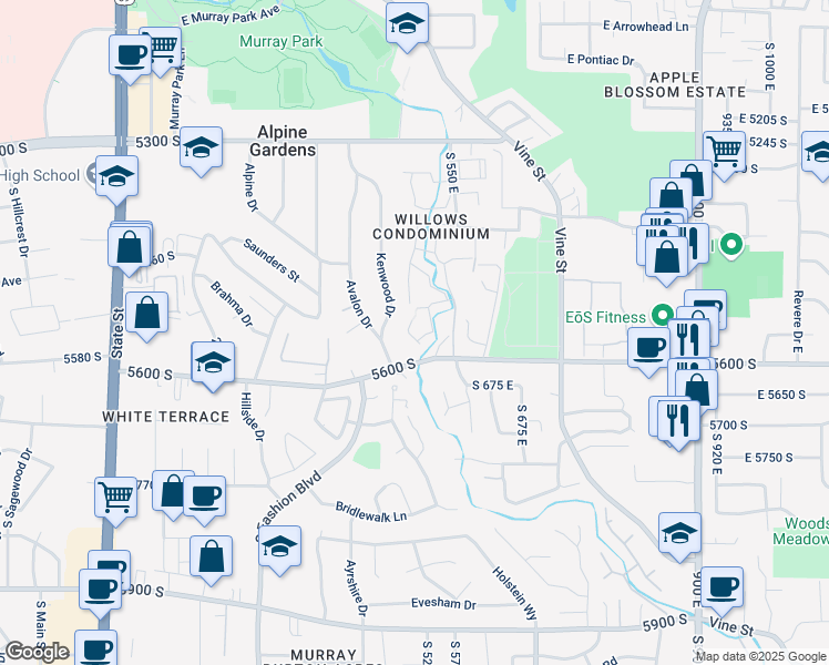 map of restaurants, bars, coffee shops, grocery stores, and more near 5561 South Willow Lane in Murray