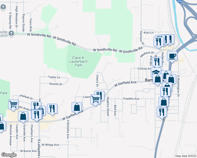 map of restaurants, bars, coffee shops, grocery stores, and more near 13 Cherry Street in Bartonville