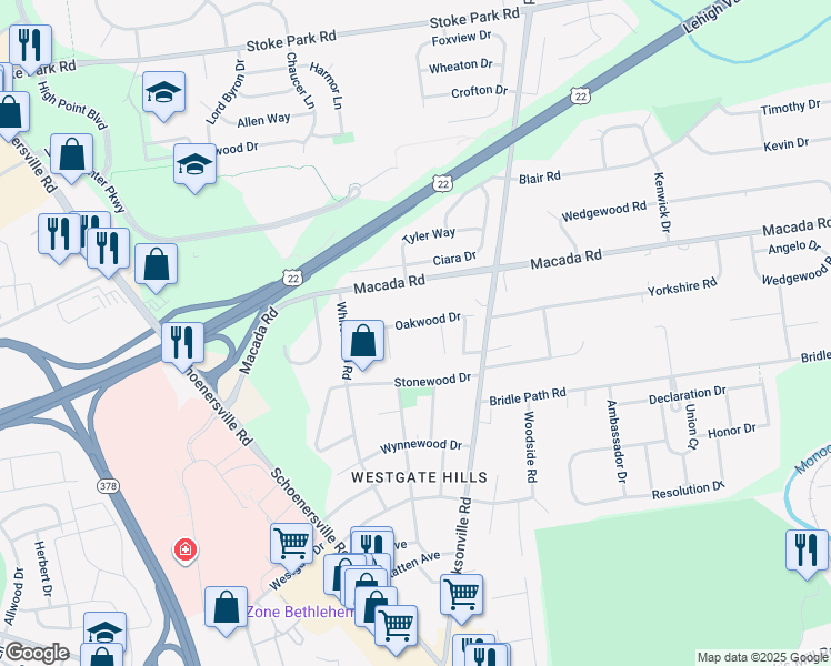 map of restaurants, bars, coffee shops, grocery stores, and more near 1355 Oakwood Drive in Bethlehem