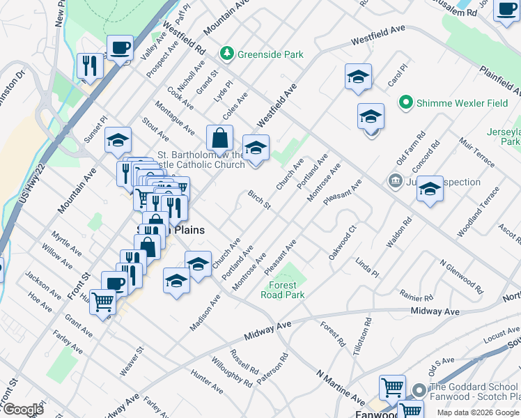 map of restaurants, bars, coffee shops, grocery stores, and more near 2000 Church Avenue in Scotch Plains