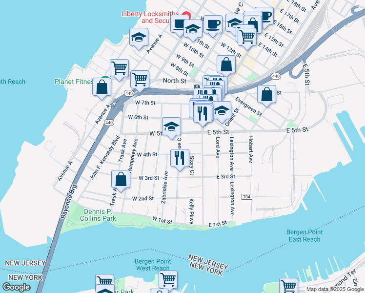 map of restaurants, bars, coffee shops, grocery stores, and more near 132 Avenue C in Bayonne