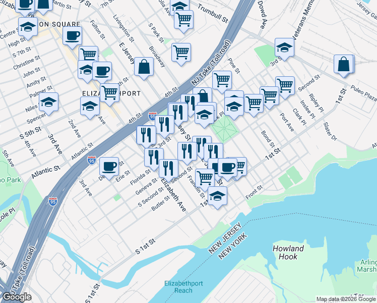 map of restaurants, bars, coffee shops, grocery stores, and more near 223 Franklin Street in Elizabeth