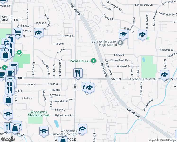 map of restaurants, bars, coffee shops, grocery stores, and more near 5567 South Weathervane Drive in Salt Lake City