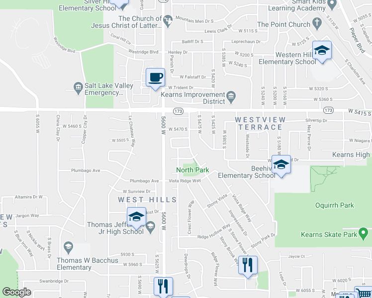 map of restaurants, bars, coffee shops, grocery stores, and more near 5536 West Ridge Stone Drive in Salt Lake City