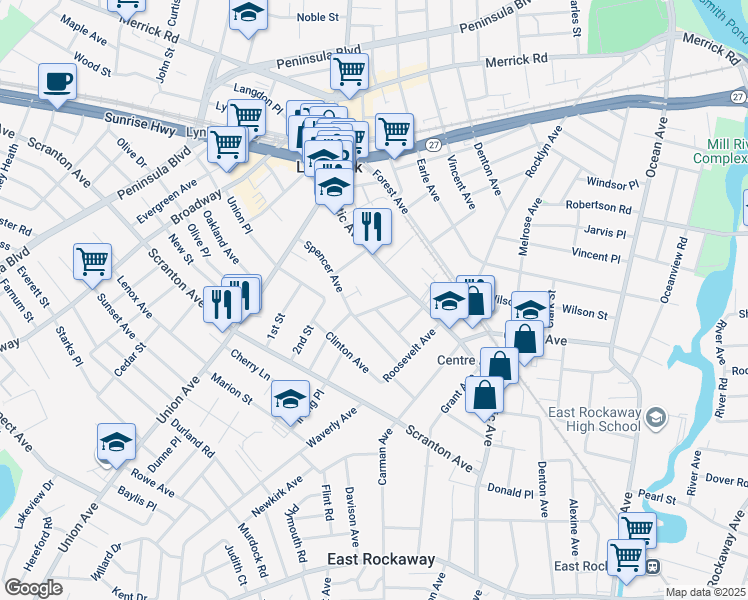 map of restaurants, bars, coffee shops, grocery stores, and more near 11 Tredwell Avenue in Lynbrook