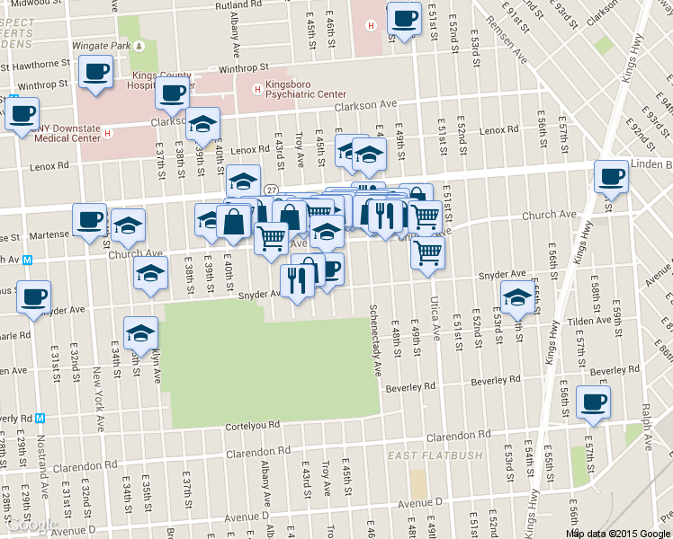 map of restaurants, bars, coffee shops, grocery stores, and more near 471 East 45th Street in Brooklyn