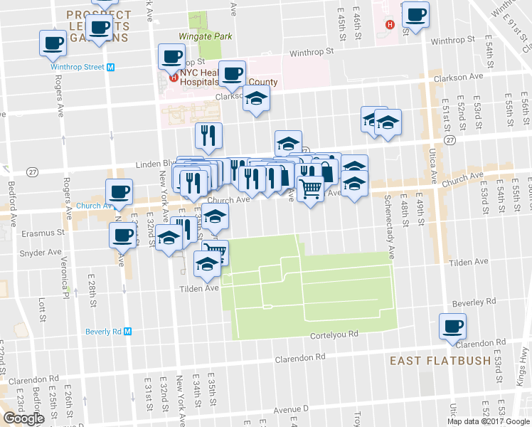 map of restaurants, bars, coffee shops, grocery stores, and more near 300 East 39th Street in Brooklyn