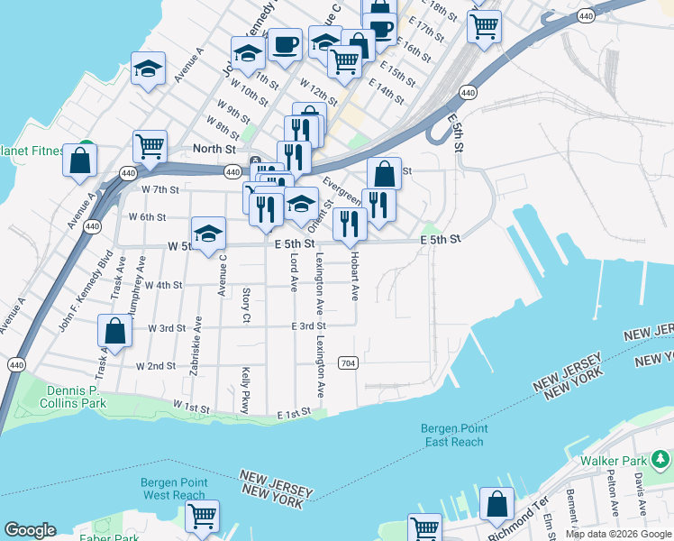 map of restaurants, bars, coffee shops, grocery stores, and more near 114 Lexington Avenue in Bayonne
