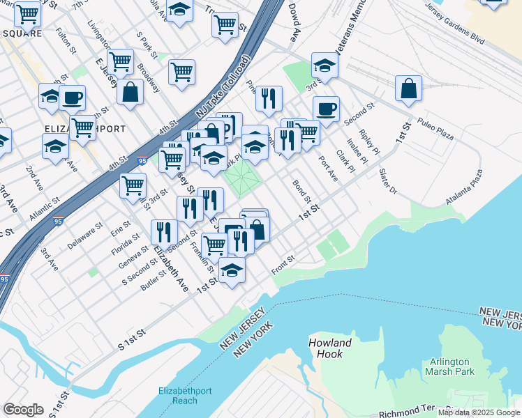 map of restaurants, bars, coffee shops, grocery stores, and more near 133 Broadway in Elizabeth