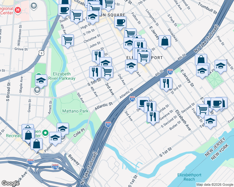 map of restaurants, bars, coffee shops, grocery stores, and more near 226 Atlantic Street in Elizabeth