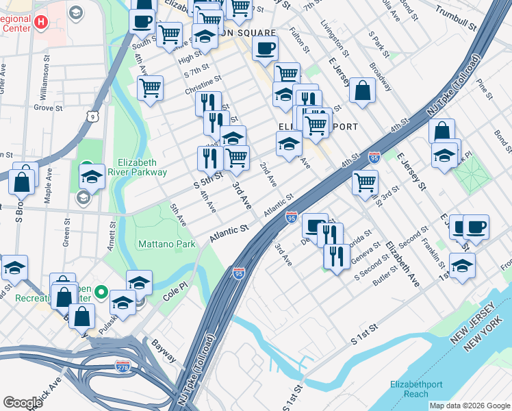 map of restaurants, bars, coffee shops, grocery stores, and more near 314 Doyle Street in Elizabeth