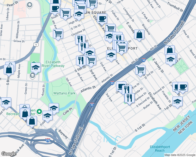 map of restaurants, bars, coffee shops, grocery stores, and more near 314 Doyle Street in Elizabeth