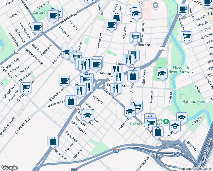 map of restaurants, bars, coffee shops, grocery stores, and more near 829-833 Bayway Avenue in Elizabeth