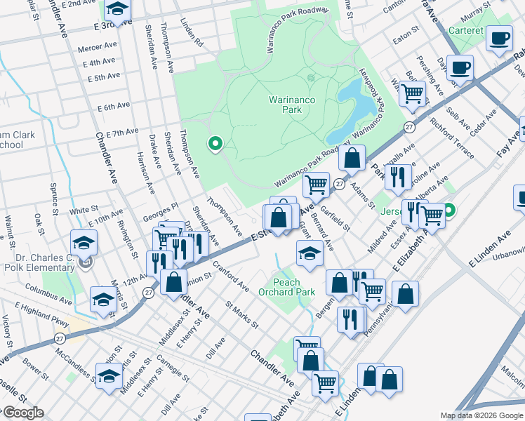 map of restaurants, bars, coffee shops, grocery stores, and more near 5A Carolyn Terrace in Roselle
