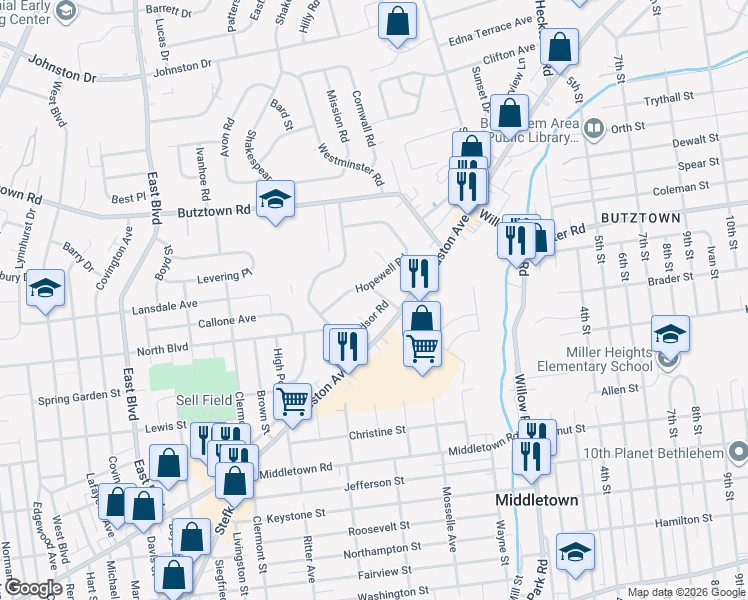map of restaurants, bars, coffee shops, grocery stores, and more near 1946 Windsor Road in Bethlehem