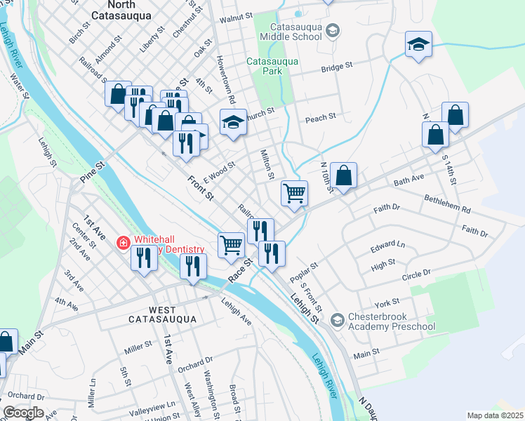 map of restaurants, bars, coffee shops, grocery stores, and more near 5 Linden Street in Catasauqua