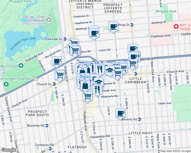map of restaurants, bars, coffee shops, grocery stores, and more near 2273 Church Avenue in Brooklyn