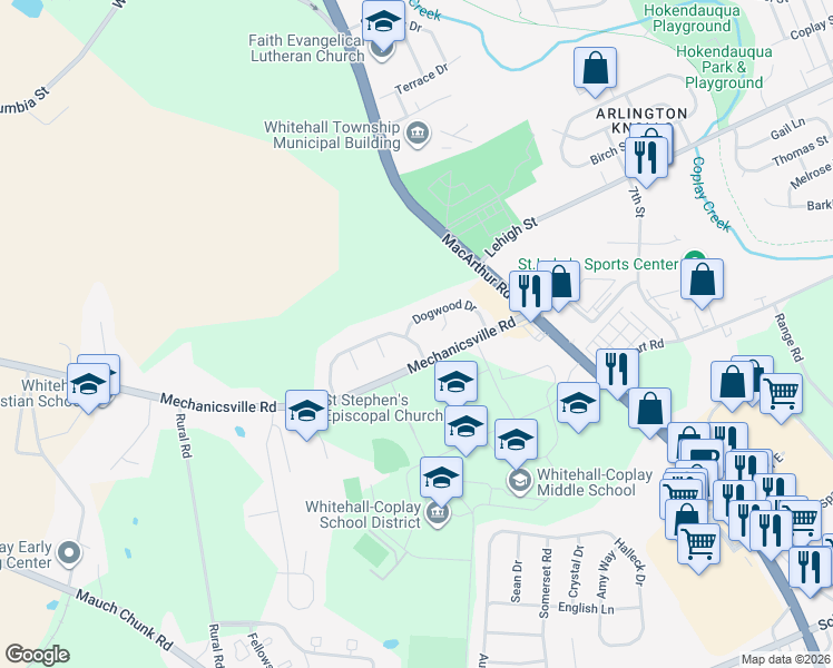 map of restaurants, bars, coffee shops, grocery stores, and more near 3818 Rosewood Lane in Lehigh County