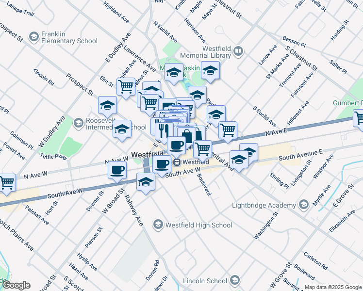 map of restaurants, bars, coffee shops, grocery stores, and more near 123 Quimby Street in Westfield