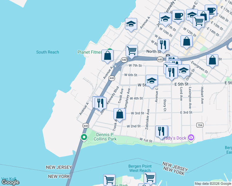 map of restaurants, bars, coffee shops, grocery stores, and more near 138 West 4th Street in Bayonne