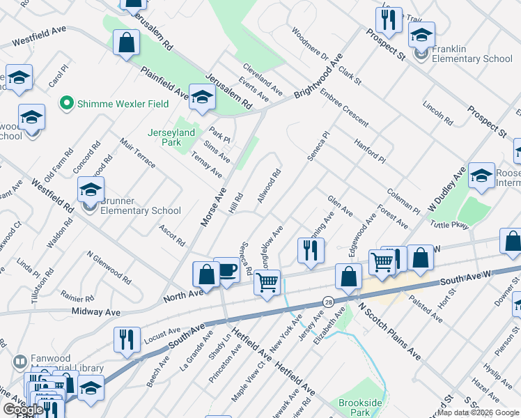 map of restaurants, bars, coffee shops, grocery stores, and more near 2386 Seneca Road in Scotch Plains