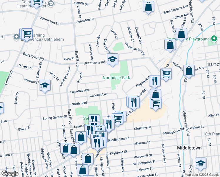 map of restaurants, bars, coffee shops, grocery stores, and more near 1746 Lansdale Avenue in Bethlehem