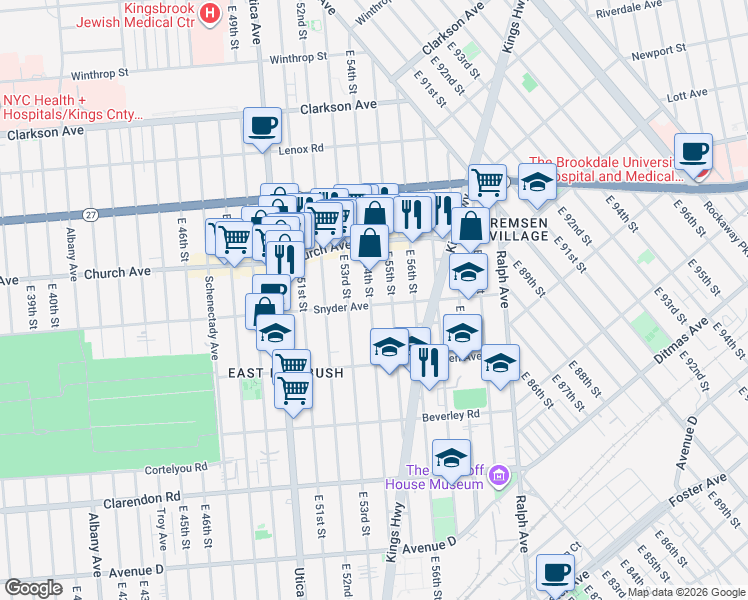 map of restaurants, bars, coffee shops, grocery stores, and more near 355 East 54th Street in Brooklyn
