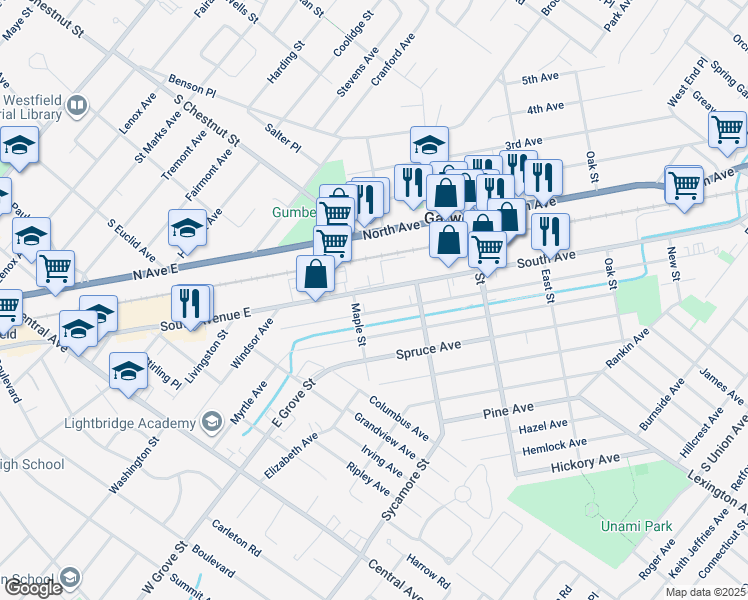 map of restaurants, bars, coffee shops, grocery stores, and more near 555 South Avenue in Garwood