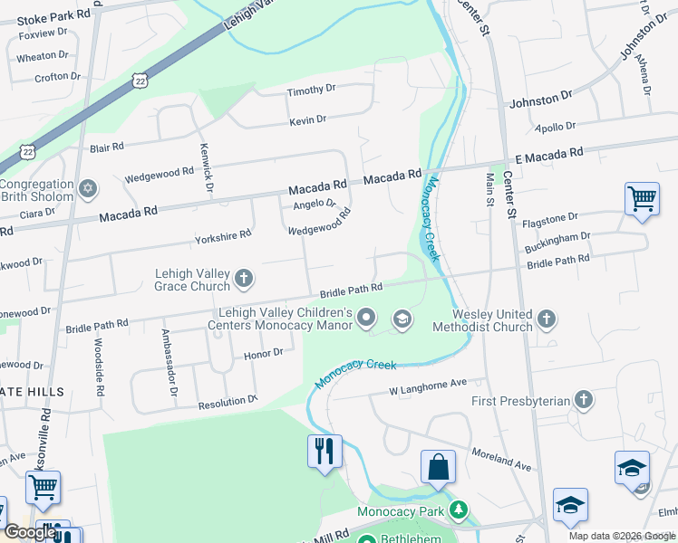 map of restaurants, bars, coffee shops, grocery stores, and more near 440 Bridle Path Road in Bethlehem